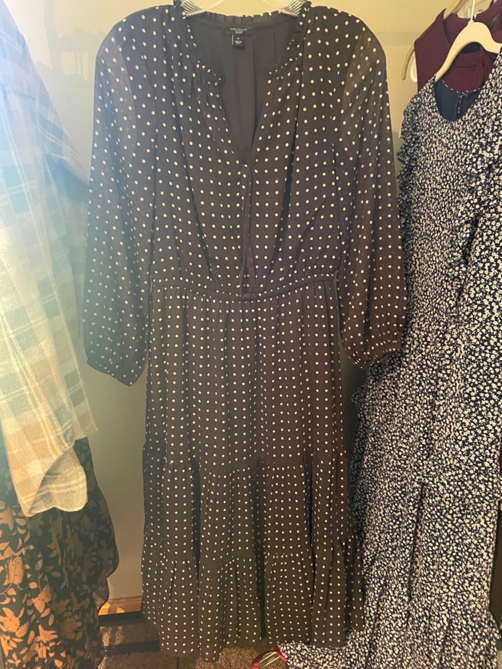 Ann Taylor Black Midi Dress with White Polka Dots